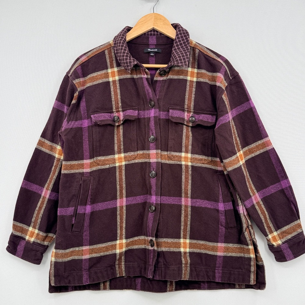 Madewell Flannel Shirt Jacket Womens Large Purple Plaid Shacket Cottagecore Farm
